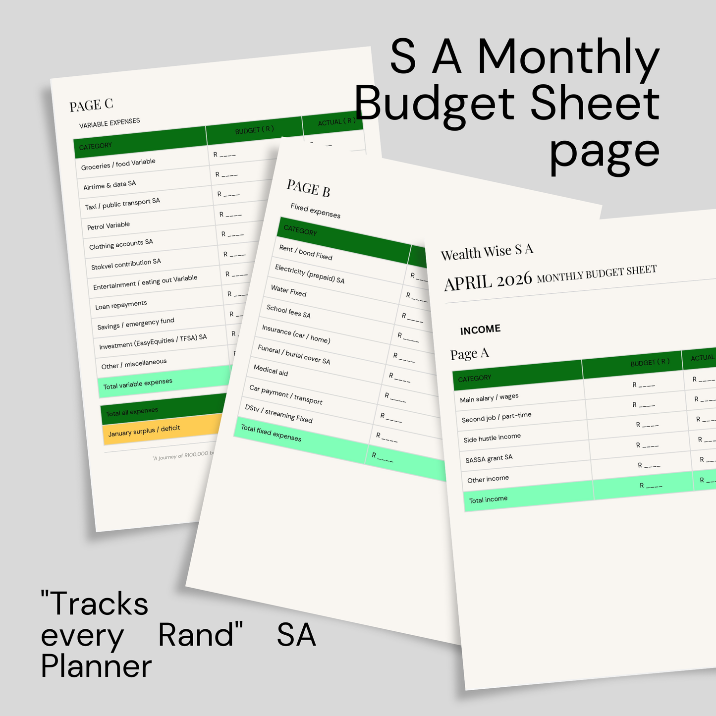 SA Budget Planner 2026 — 12-Month Financial Planner (Printable PDF | Instant Download)